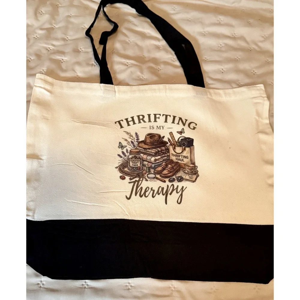 Thick Canvas Tote Bag Double Handles. 15x18.5x4.72. Thrifting Is My Therapy.
